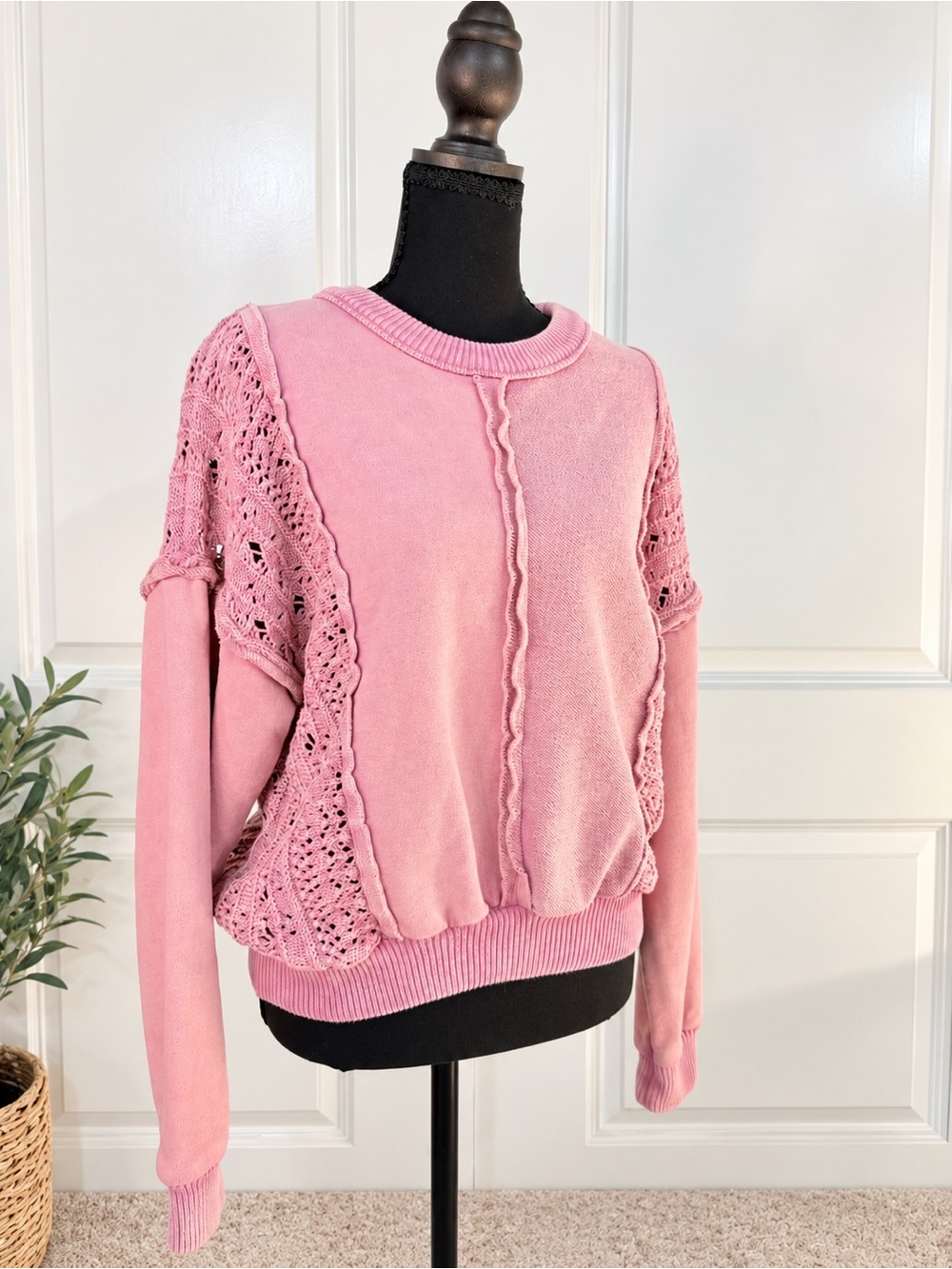 Tribal Pink Crochet-Panel Crewneck Sweater